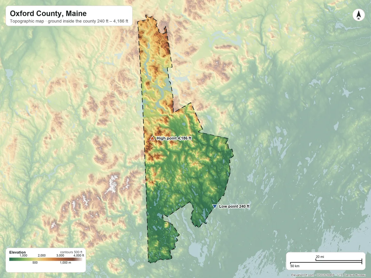 Topographic elevation map of Oxford County, Maine, shaded from 240 ft on the southeast side to 4,186 ft on Old Speck Mountain