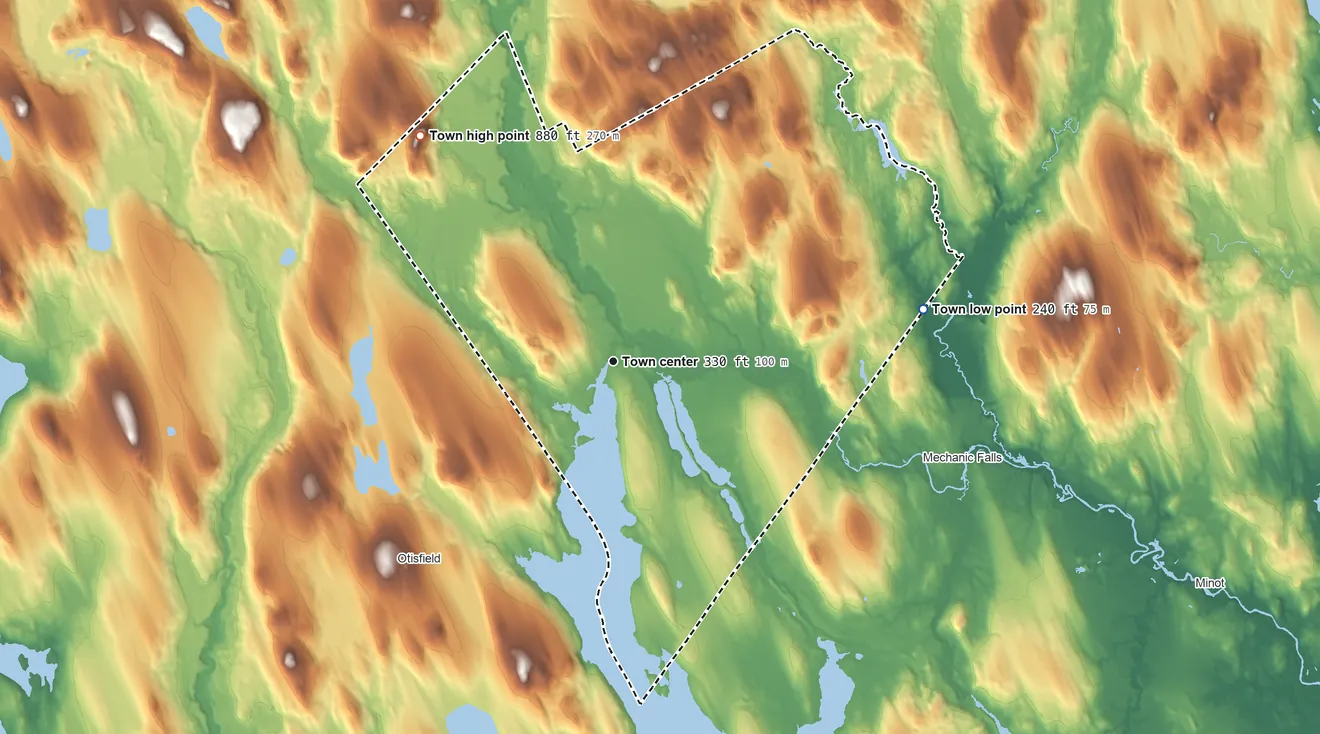 Topographic elevation map of Oxford, Maine, shaded from 240 ft on the east side to 880 ft on Horse Hill