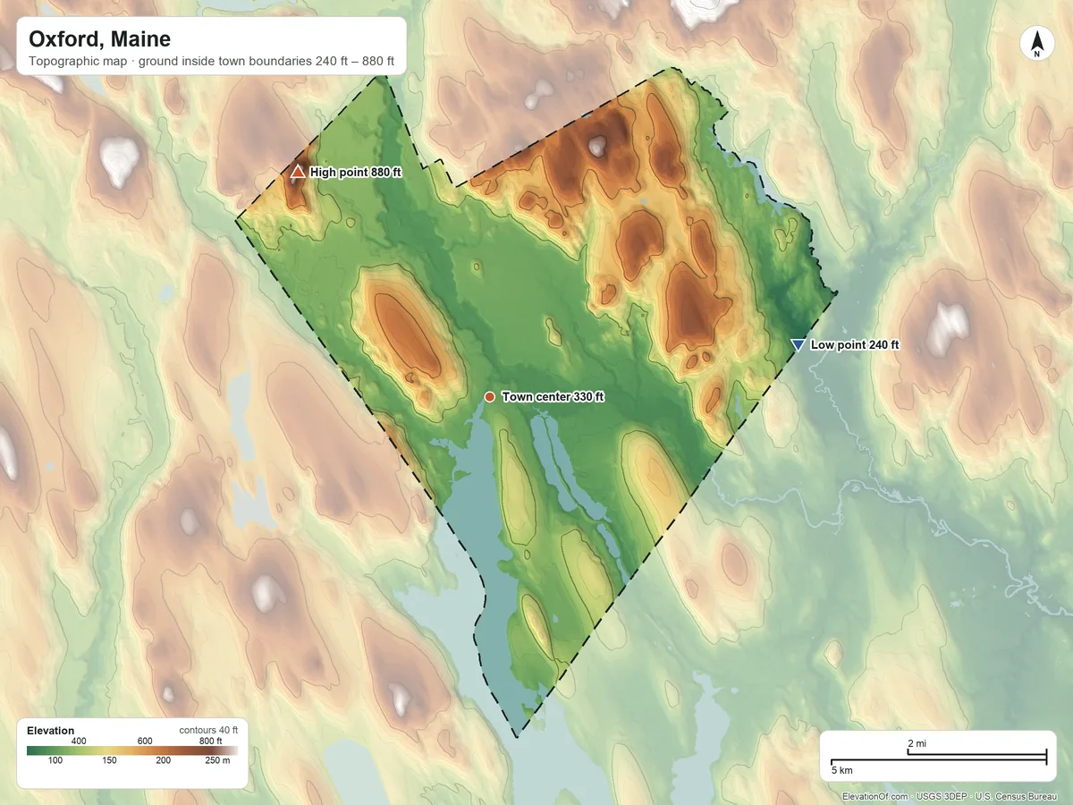 Topographic elevation map of Oxford, Maine, shaded from 240 ft on the east side to 880 ft on Horse Hill