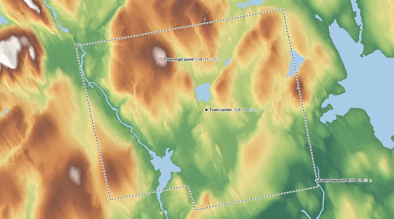 Topographic elevation map of Palmyra, Maine, shaded from 180 ft on the southeast side to 530 ft on Furbush Hill