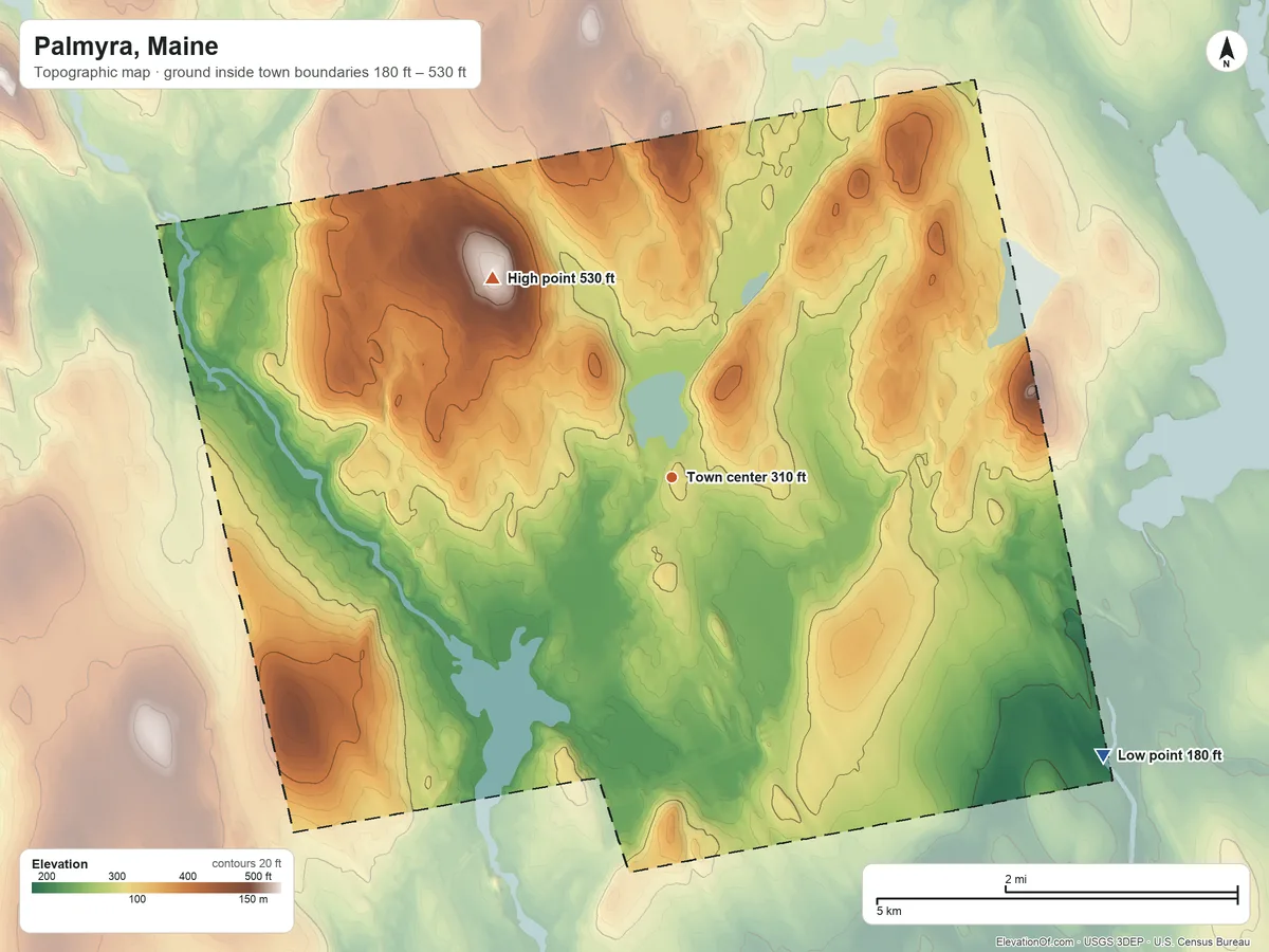 Topographic elevation map of Palmyra, Maine, shaded from 180 ft on the southeast side to 530 ft on Furbush Hill