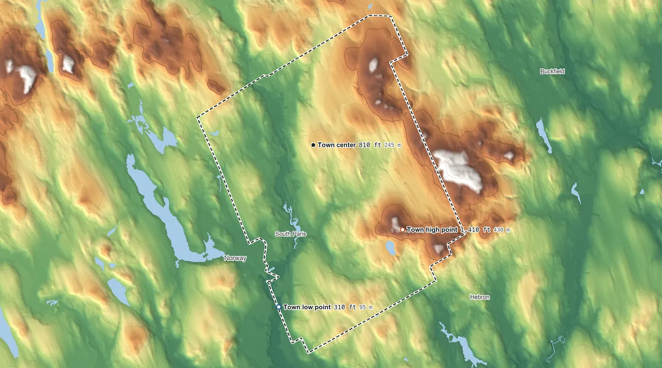 Topographic elevation map of Paris, Maine, shaded from 310 ft on the south side to 1,410 ft on Singepole Mountain