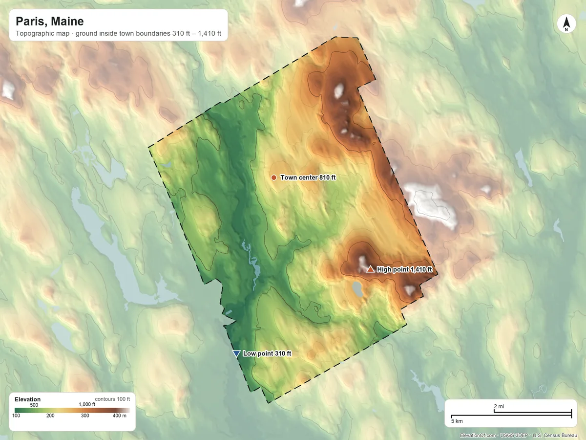 Topographic elevation map of Paris, Maine, shaded from 310 ft on the south side to 1,410 ft on Singepole Mountain