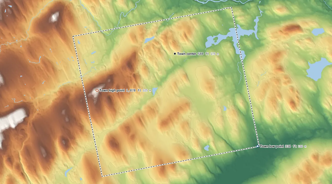 Topographic elevation map of Parkman, Maine, shaded from 330 ft on the southeast side to 1,070 ft on Crow Hill