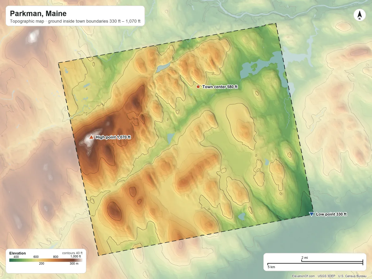 Topographic elevation map of Parkman, Maine, shaded from 330 ft on the southeast side to 1,070 ft on Crow Hill