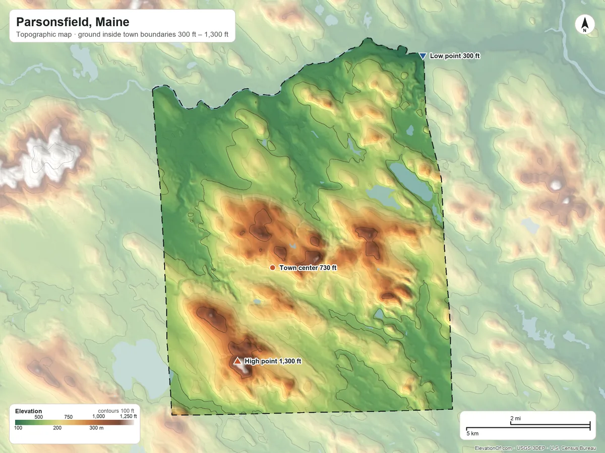 Topographic elevation map of Parsonsfield, Maine, shaded from 300 ft on the northeast side to 1,300 ft on Wiggin Mountain