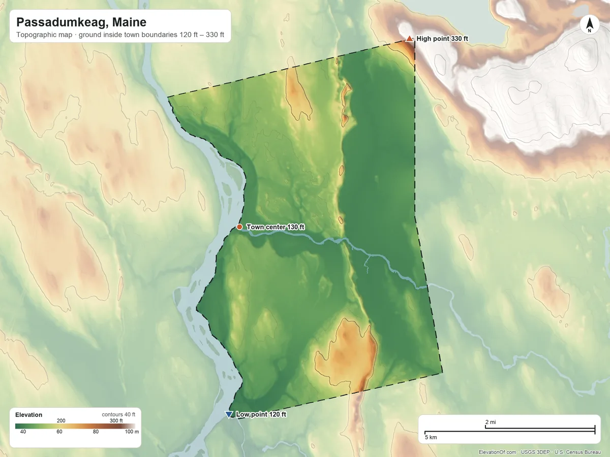 Topographic elevation map of Passadumkeag, Maine, shaded from 120 ft on the south side to 330 ft on the northeast side