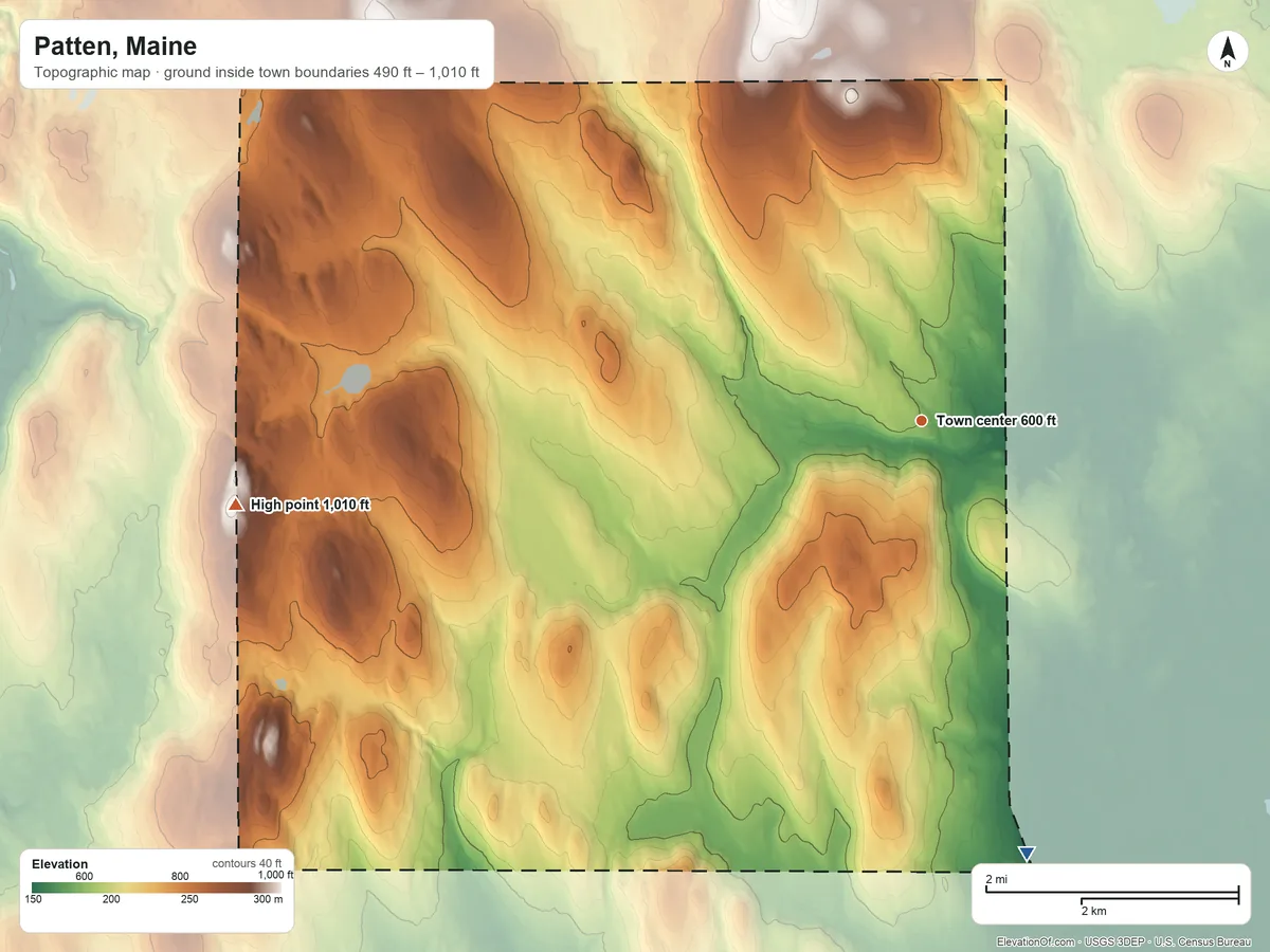 Topographic elevation map of Patten, Maine, shaded from 490 ft on the south side to 1,010 ft on the west side