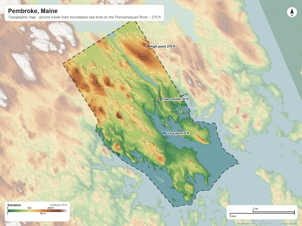 Topographic elevation map of Pembroke, Maine, shaded from sea level level on the Pennamaquan River to 270 ft on Ironworks Mountain
