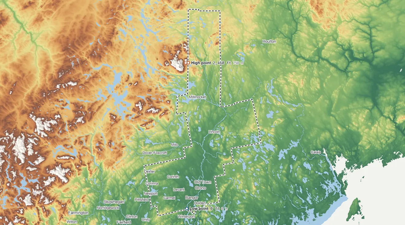 Topographic elevation map of Penobscot County, Maine, shaded from 0 ft on the south side to 2,460 ft on East Turner Mountain