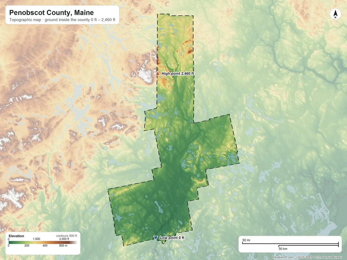 Topographic elevation map of Penobscot County, Maine, shaded from 0 ft on the south side to 2,460 ft on East Turner Mountain