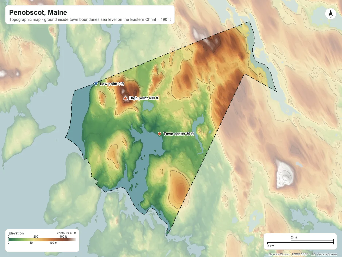 Topographic elevation map of Penobscot, Maine, shaded from sea level level on the Eastern Channel to 490 ft on Wallamatogus Mountain