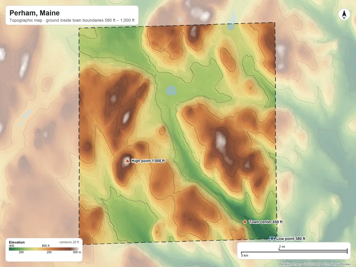 Topographic elevation map of Perham, Maine, shaded from 580 ft on the southeast side to 1,000 ft on the northwest side