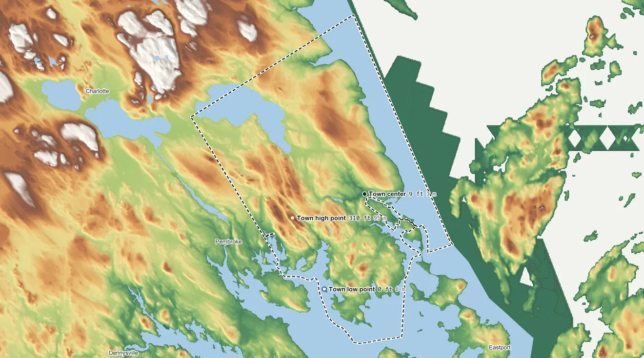 Topographic elevation map of Perry, Maine, shaded from sea level level on East Bay to 310 ft on Porcupine Mountain