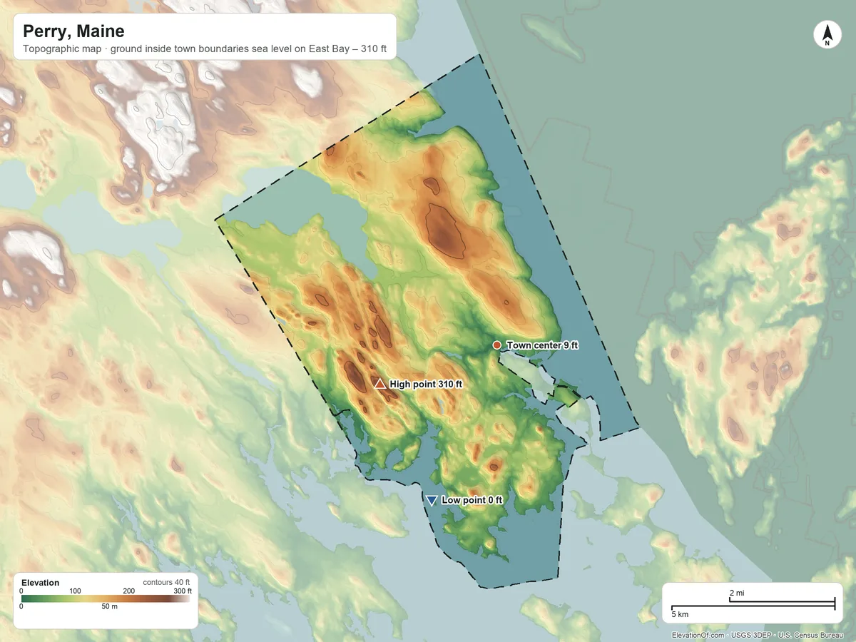 Topographic elevation map of Perry, Maine, shaded from sea level level on East Bay to 310 ft on Porcupine Mountain