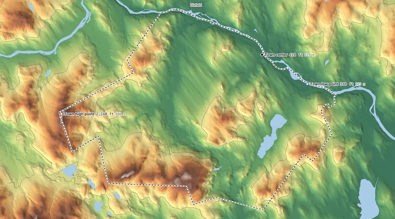 Topographic elevation map of Peru, Maine, shaded from 380 ft on the southeast side to 2,240 ft on Mount Zircon