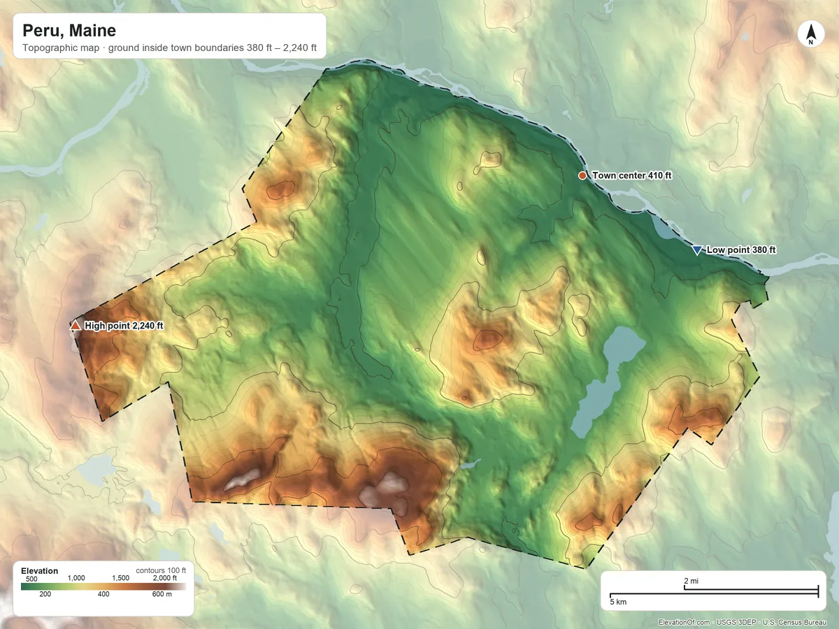 Topographic elevation map of Peru, Maine, shaded from 380 ft on the southeast side to 2,240 ft on Mount Zircon