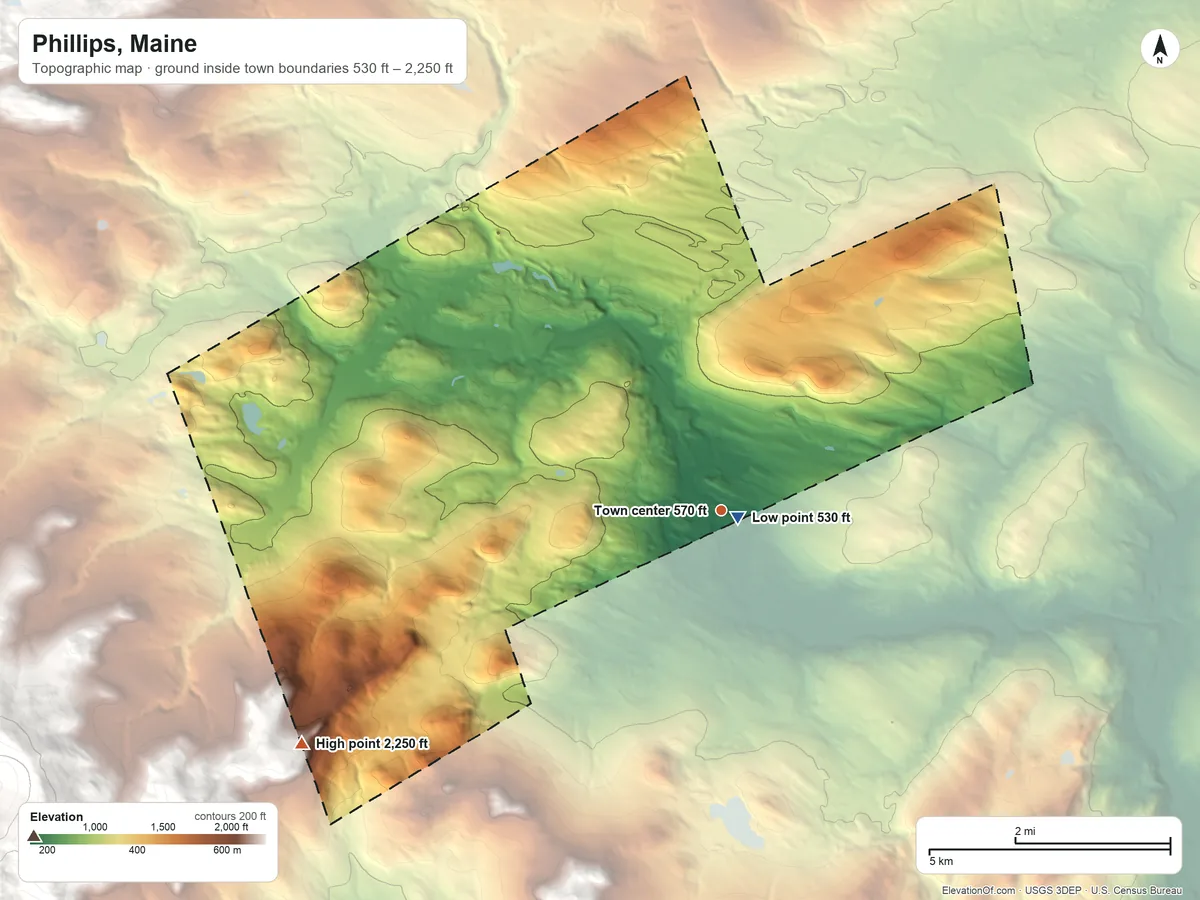 Topographic elevation map of Phillips, Maine, shaded from 530 ft near the middle to 2,250 ft at the foot of the Blue Mountains