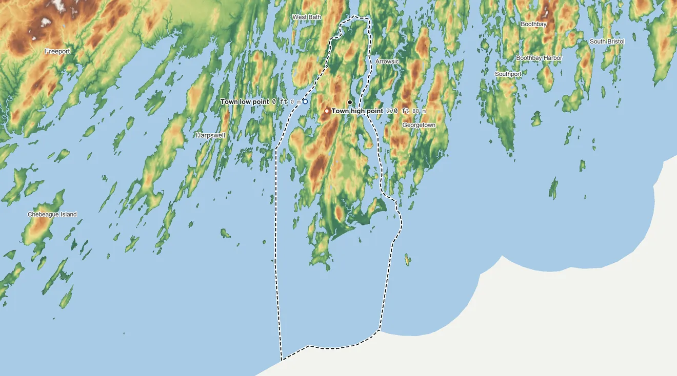 Topographic elevation map of Phippsburg, Maine, shaded from sea level level on Casco Bay to 270 ft on Fuller Mountain