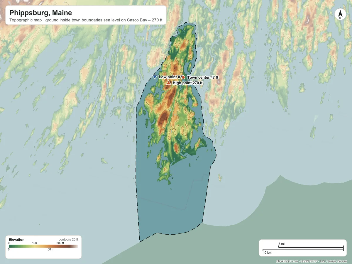 Topographic elevation map of Phippsburg, Maine, shaded from sea level level on Casco Bay to 270 ft on Fuller Mountain