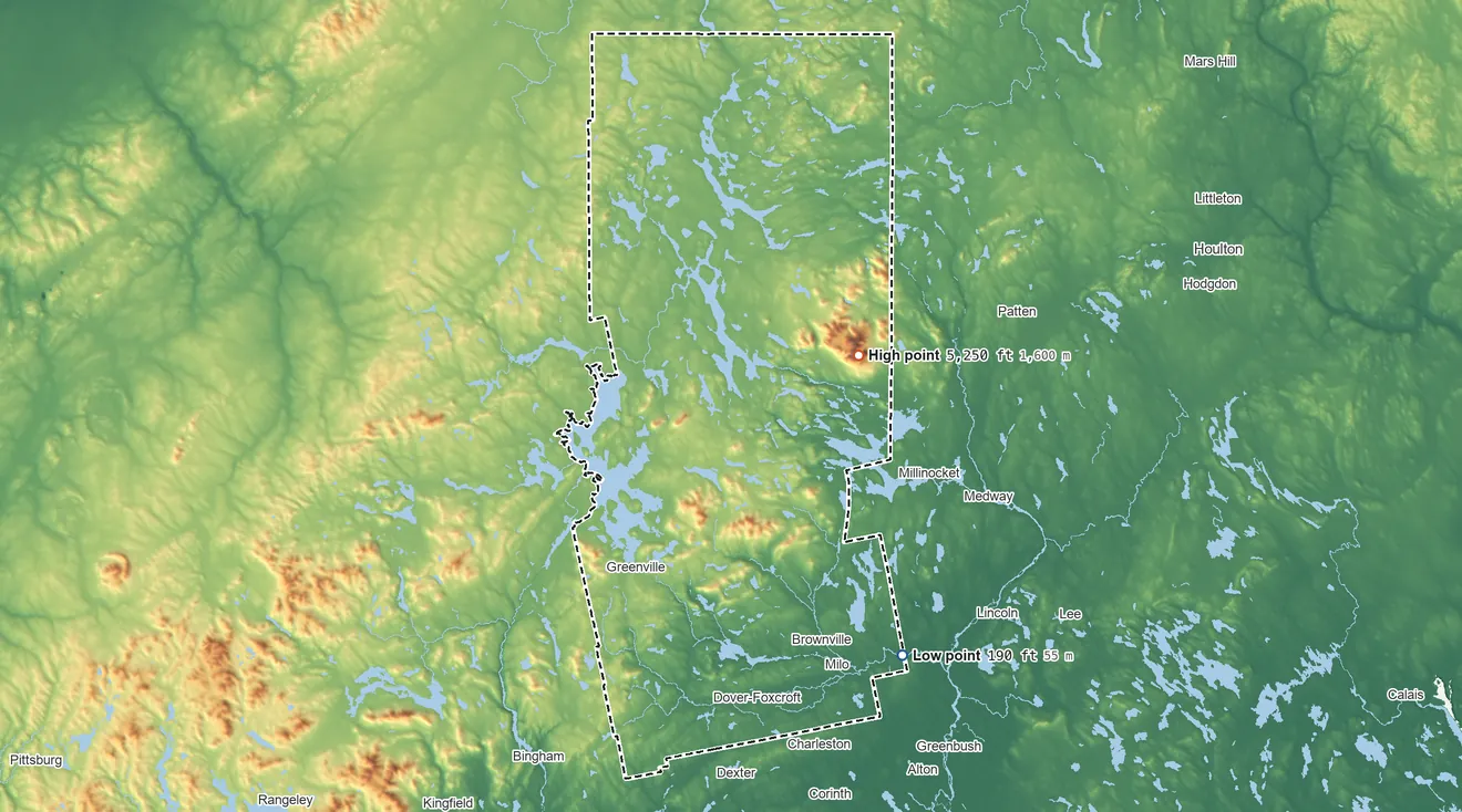 Topographic elevation map of Piscataquis County, Maine, shaded from 190 ft on the southeast side to 5,250 ft on Mount Katahdin
