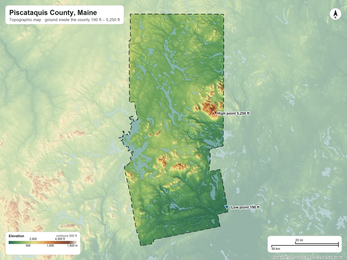Topographic elevation map of Piscataquis County, Maine, shaded from 190 ft on the southeast side to 5,250 ft on Mount Katahdin