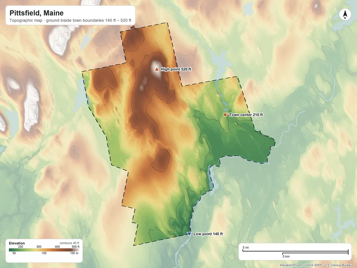 Topographic elevation map of Pittsfield, Maine, shaded from 140 ft on the south side to 520 ft on the northwest side