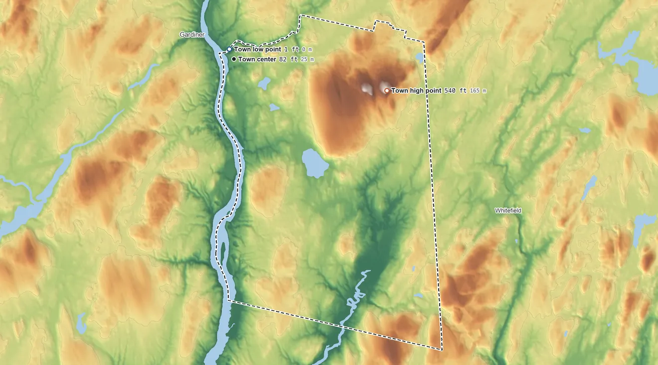 Topographic elevation map of Pittston, Maine, shaded from 1 ft near the middle to 540 ft on Beech Hill