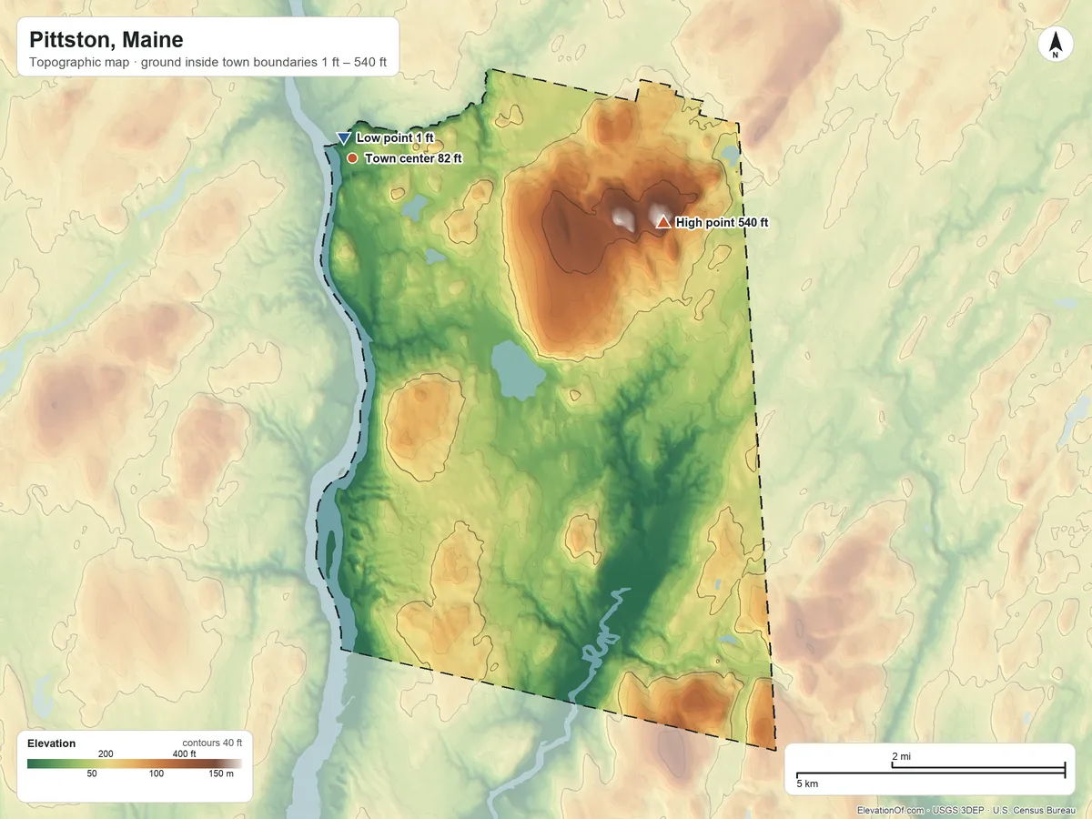 Topographic elevation map of Pittston, Maine, shaded from 1 ft near the middle to 540 ft on Beech Hill