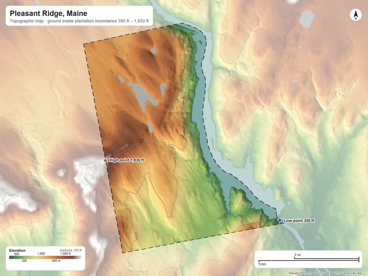 Topographic elevation map of Pleasant Ridge, Maine, shaded from 350 ft on the east side to 1,830 ft on the west edge, below higher ground just outside