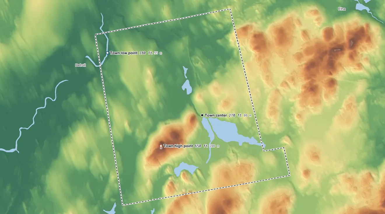 Topographic elevation map of Plymouth, Maine, shaded from 180 ft on the northwest side to 650 ft on the southwest side
