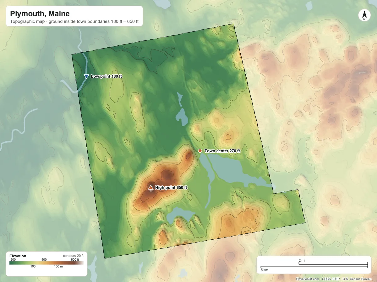 Topographic elevation map of Plymouth, Maine, shaded from 180 ft on the northwest side to 650 ft on the southwest side