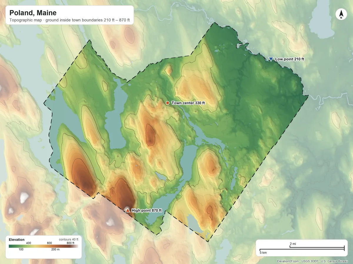Topographic elevation map of Poland, Maine, shaded from 210 ft on the northeast side to 870 ft on Black Cat Mountain