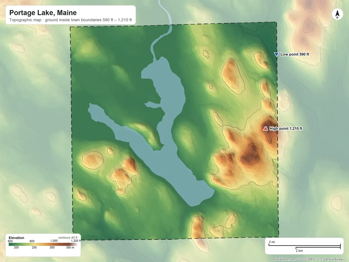 Topographic elevation map of Portage Lake, Maine, shaded from 590 ft on the northeast side to 1,210 ft on Lanigan Mountain