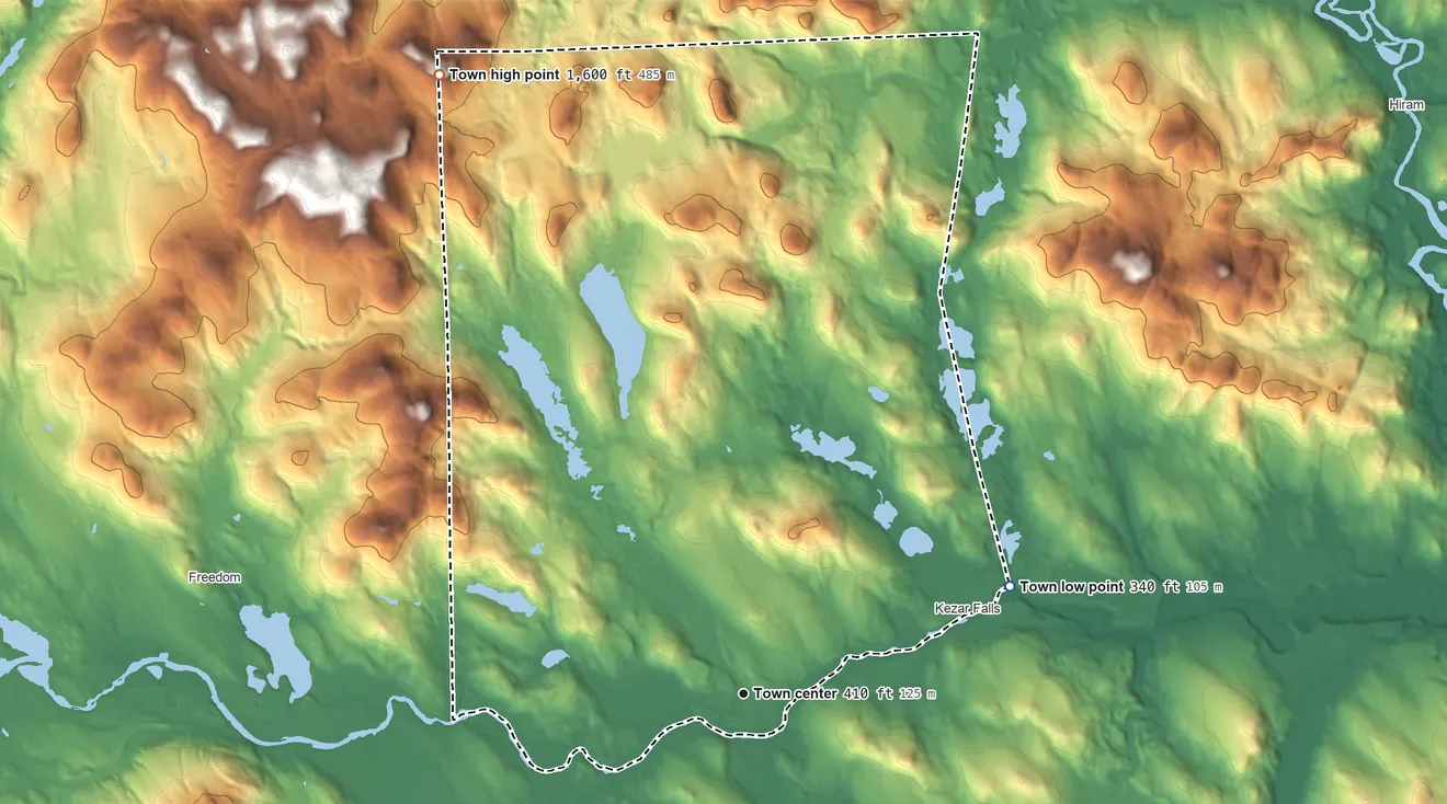 Topographic elevation map of Porter, Maine, shaded from 340 ft on the east side to 1,596 ft on Whales Back