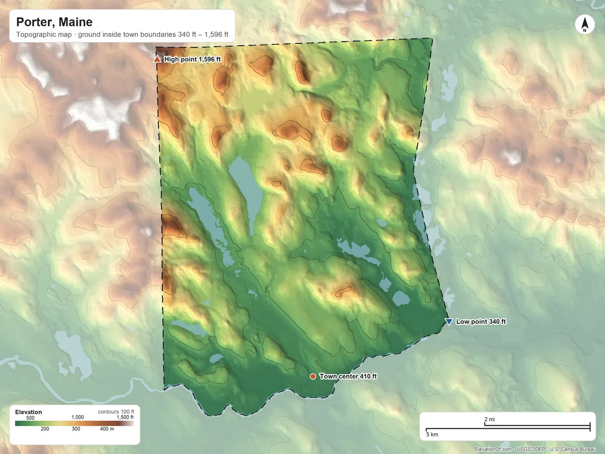 Topographic elevation map of Porter, Maine, shaded from 340 ft on the east side to 1,596 ft on Whales Back