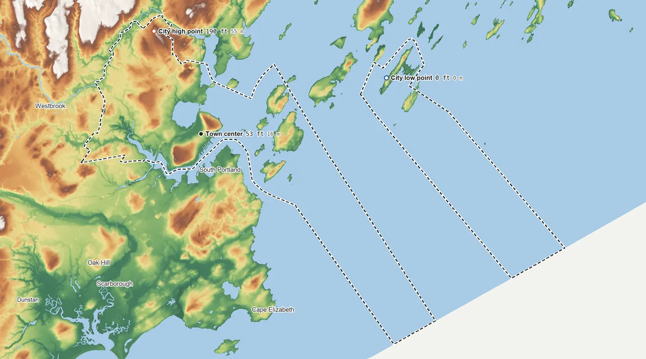 Topographic elevation map of Portland, Maine, shaded from sea level level on Casco Bay to 190 ft on the northwest side