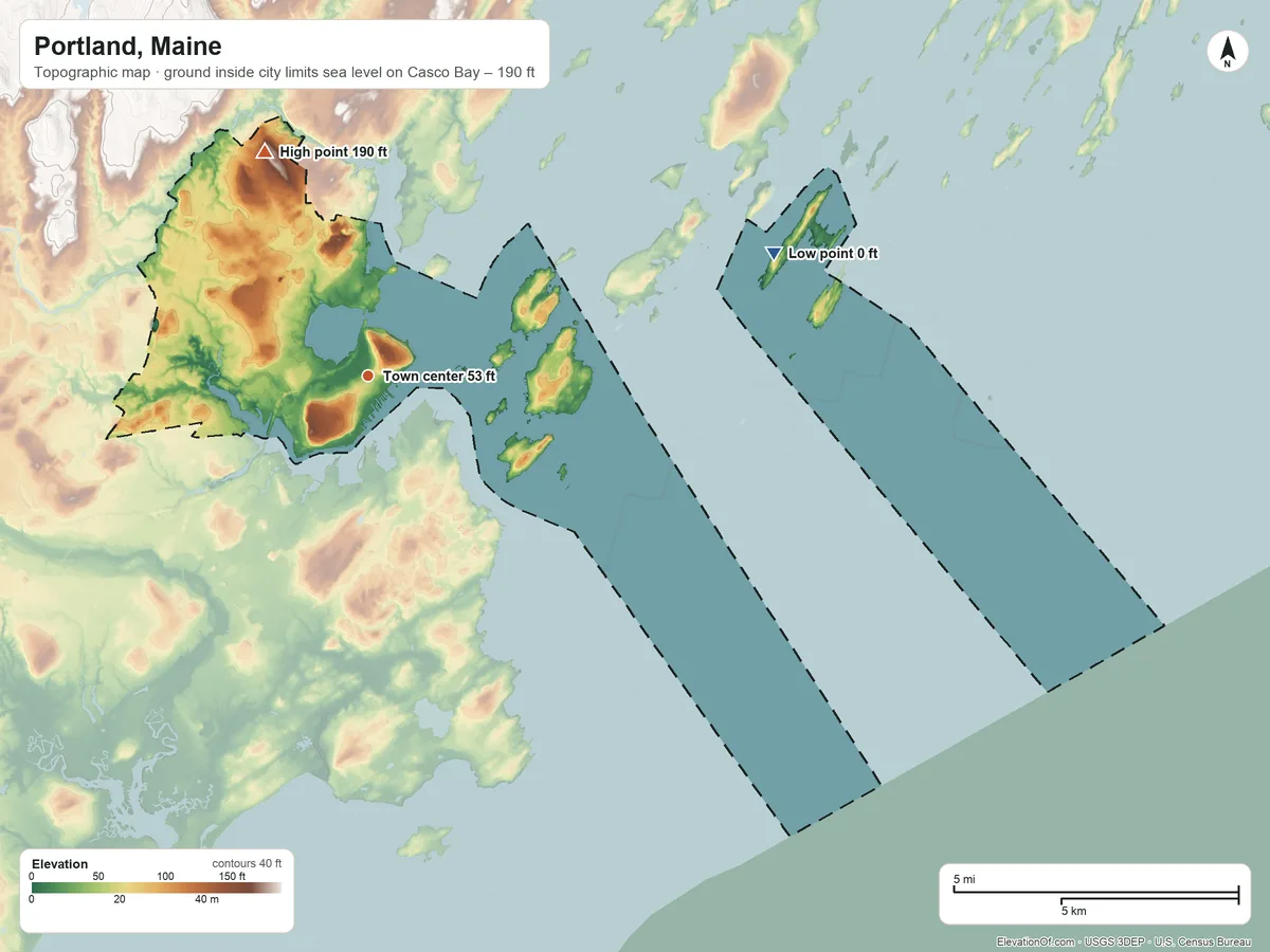 Topographic elevation map of Portland, Maine, shaded from sea level level on Casco Bay to 190 ft on the northwest side