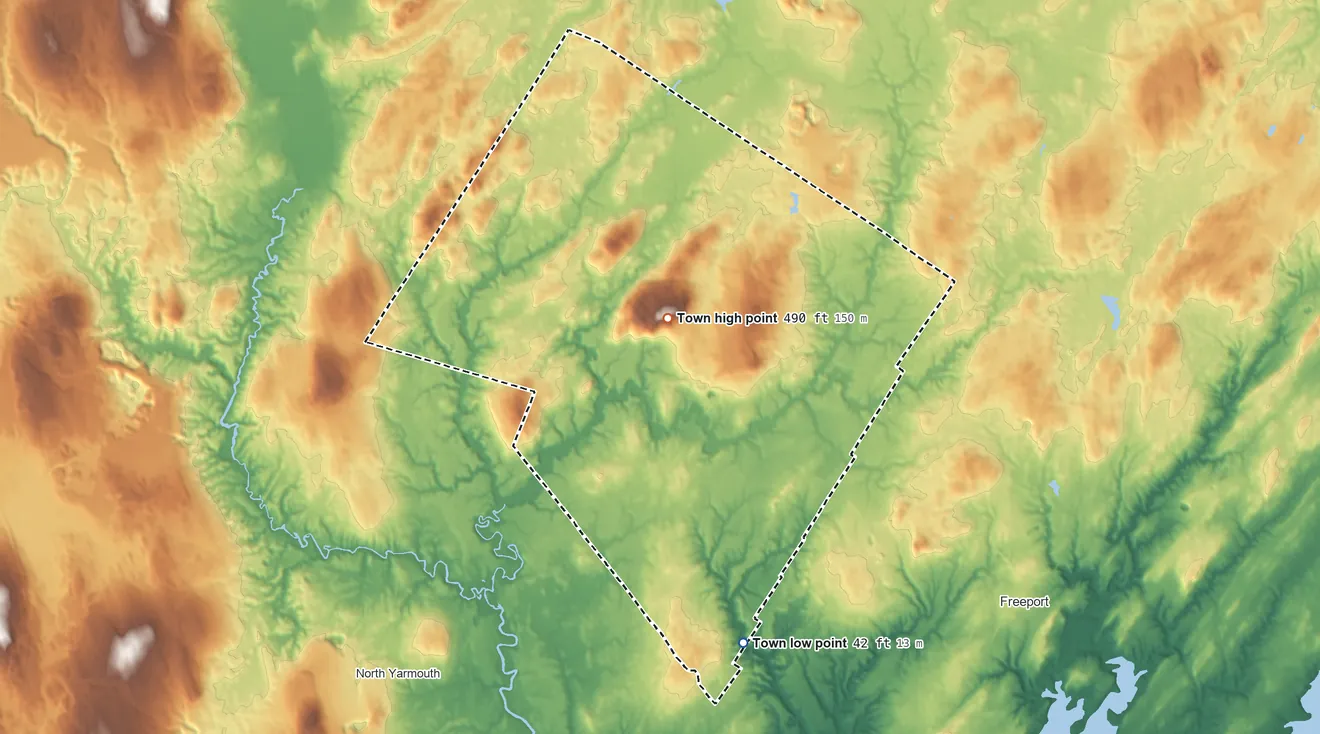 Topographic elevation map of Pownal, Maine, shaded from 42 ft on the south side to 486 ft on Bradbury Mountain