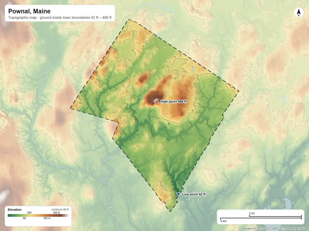 Topographic elevation map of Pownal, Maine, shaded from 42 ft on the south side to 486 ft on Bradbury Mountain