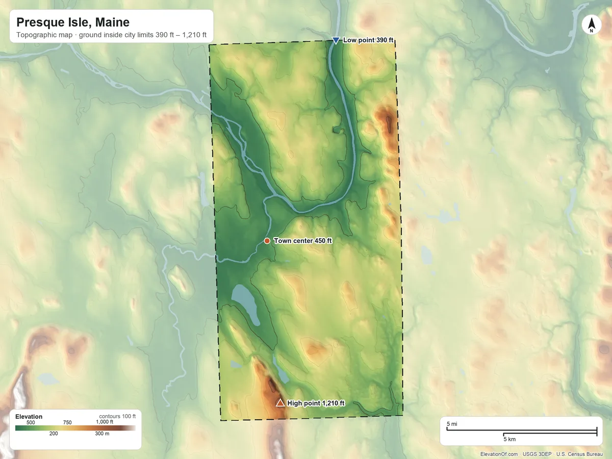 Topographic elevation map of Presque Isle, Maine, shaded from 390 ft on the north side to 1,210 ft on Quaggy Joe