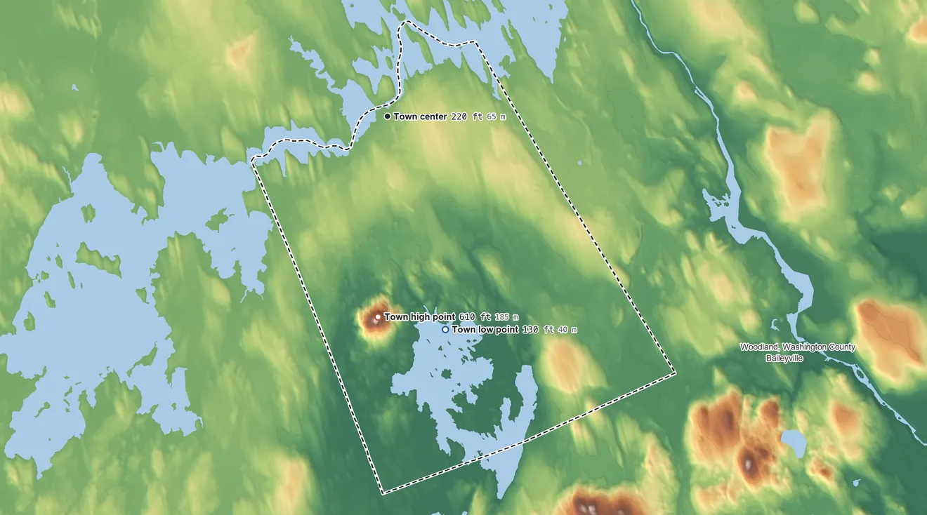 Topographic elevation map of Princeton, Maine, shaded from 130 ft on the south side to 610 ft on Pocomoonshine Mountain
