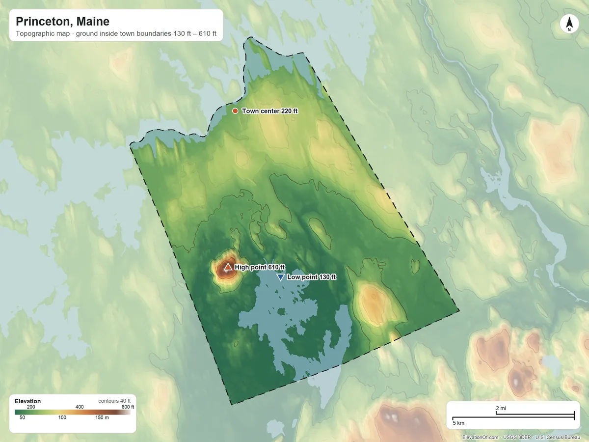 Topographic elevation map of Princeton, Maine, shaded from 130 ft on the south side to 610 ft on Pocomoonshine Mountain