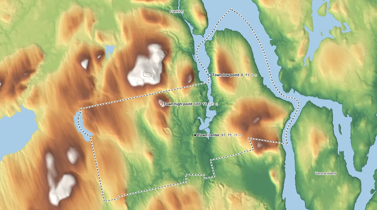 Topographic elevation map of Prospect, Maine, shaded from 0 ft on the north side to 600 ft on Mack Mountain