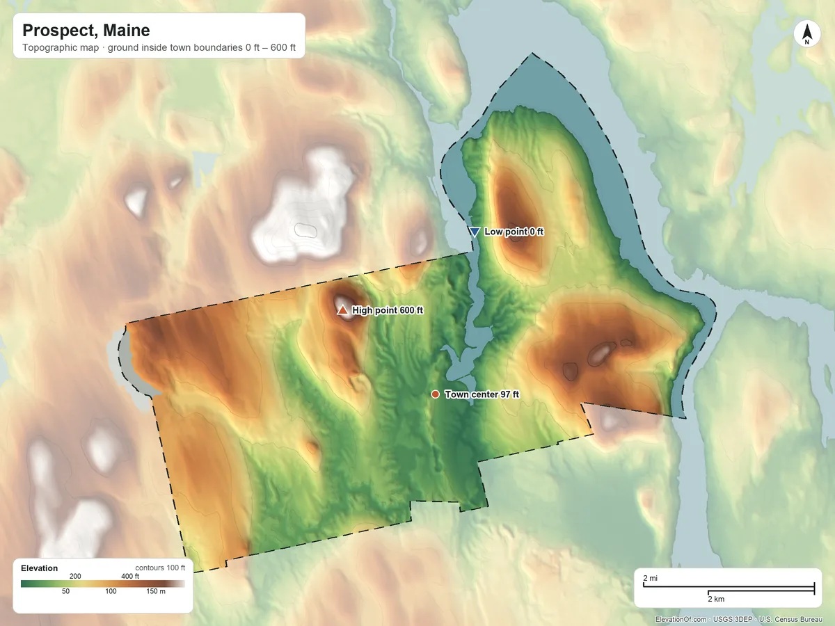 Topographic elevation map of Prospect, Maine, shaded from 0 ft on the north side to 600 ft on Mack Mountain
