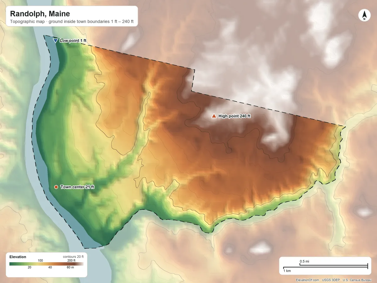 Topographic elevation map of Randolph, Maine, shaded from 1 ft on the north side to 240 ft on the northeast side