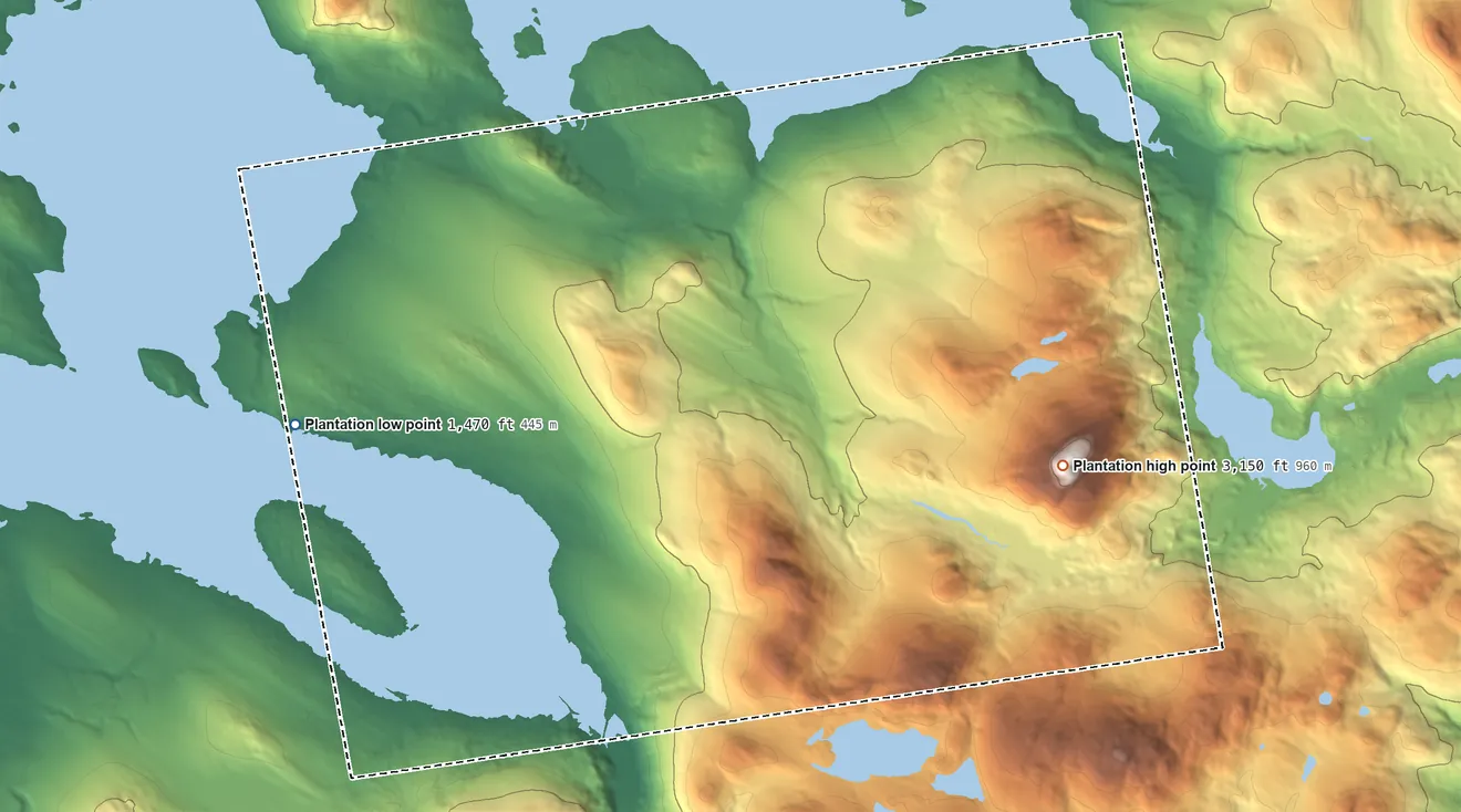 Topographic elevation map of Plantation of Rangeley, Maine, shaded from 1,470 ft on the west side to 3,150 ft on Beaver Mountain