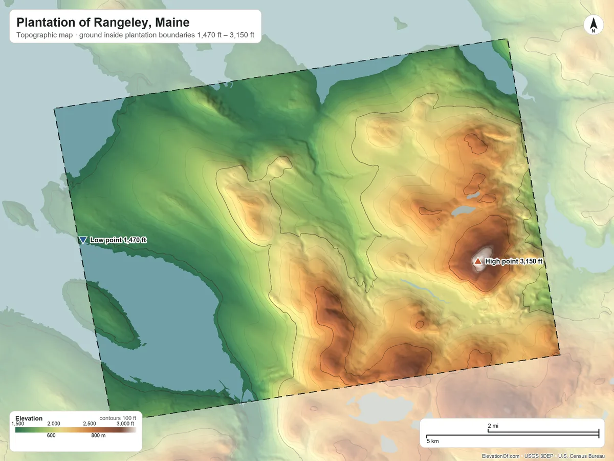 Topographic elevation map of Plantation of Rangeley, Maine, shaded from 1,470 ft on the west side to 3,150 ft on Beaver Mountain