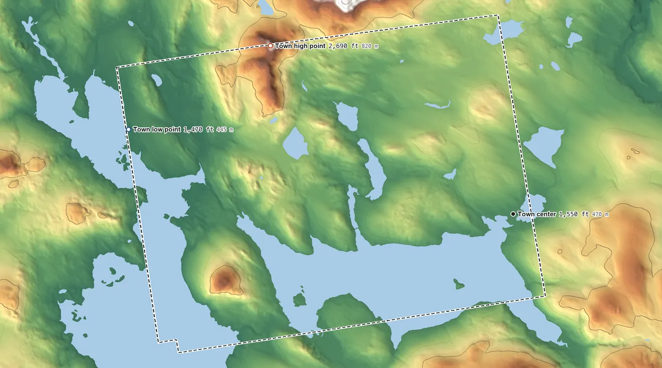 Topographic elevation map of Rangeley, Maine, shaded from 1,470 ft on the west side to 2,690 ft on the northwest side