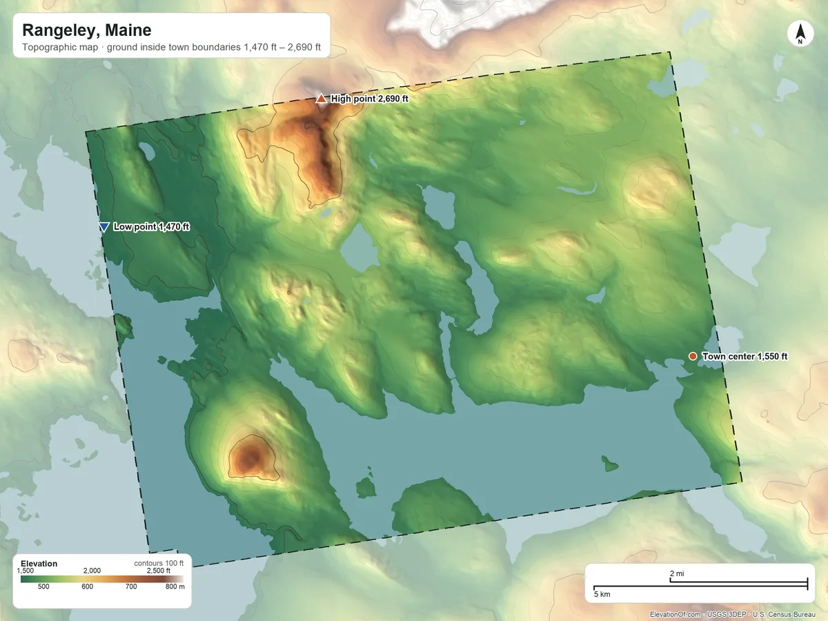Topographic elevation map of Rangeley, Maine, shaded from 1,470 ft on the west side to 2,690 ft on the northwest side